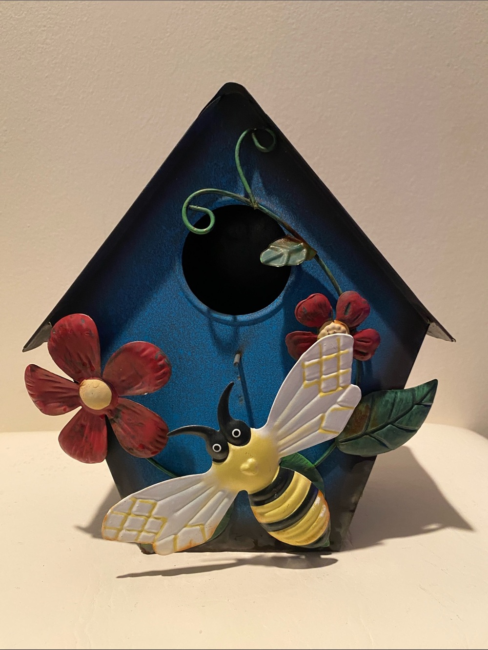 Blue Bee & Flower Metal Wall Birdhouse Decor
